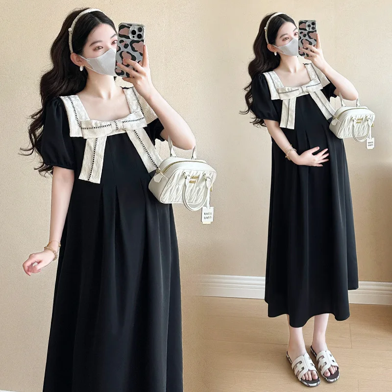 الأمومة فستان أسود صغير الصيف جديد القوس لهجة التباين تقليم ألف خط فستان العمل سليم صالح فستان جذاب للنساء الحوامل