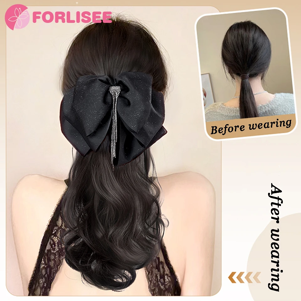 Synthetic Tassel Bow Claw Clip Ponytail Temperament Slightly Curly Hair Natural Heat-resistant Chemical Fiber Wig Ponytail