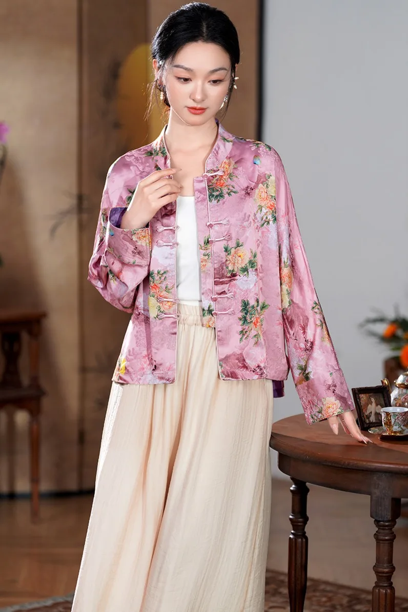 قميص أرجواني بأزرار كلاسيكية على الطراز الصيني، قميص بأكمام طويلة، ملابس صينية تقليدية للنساء