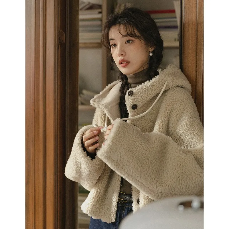 سترة قصيرة من صوف الضأن بغطاء للرأس دافئة كاجوال كورية شتوية من johnature معاطف نسائية بسيطة متعددة الاستخدامات #3