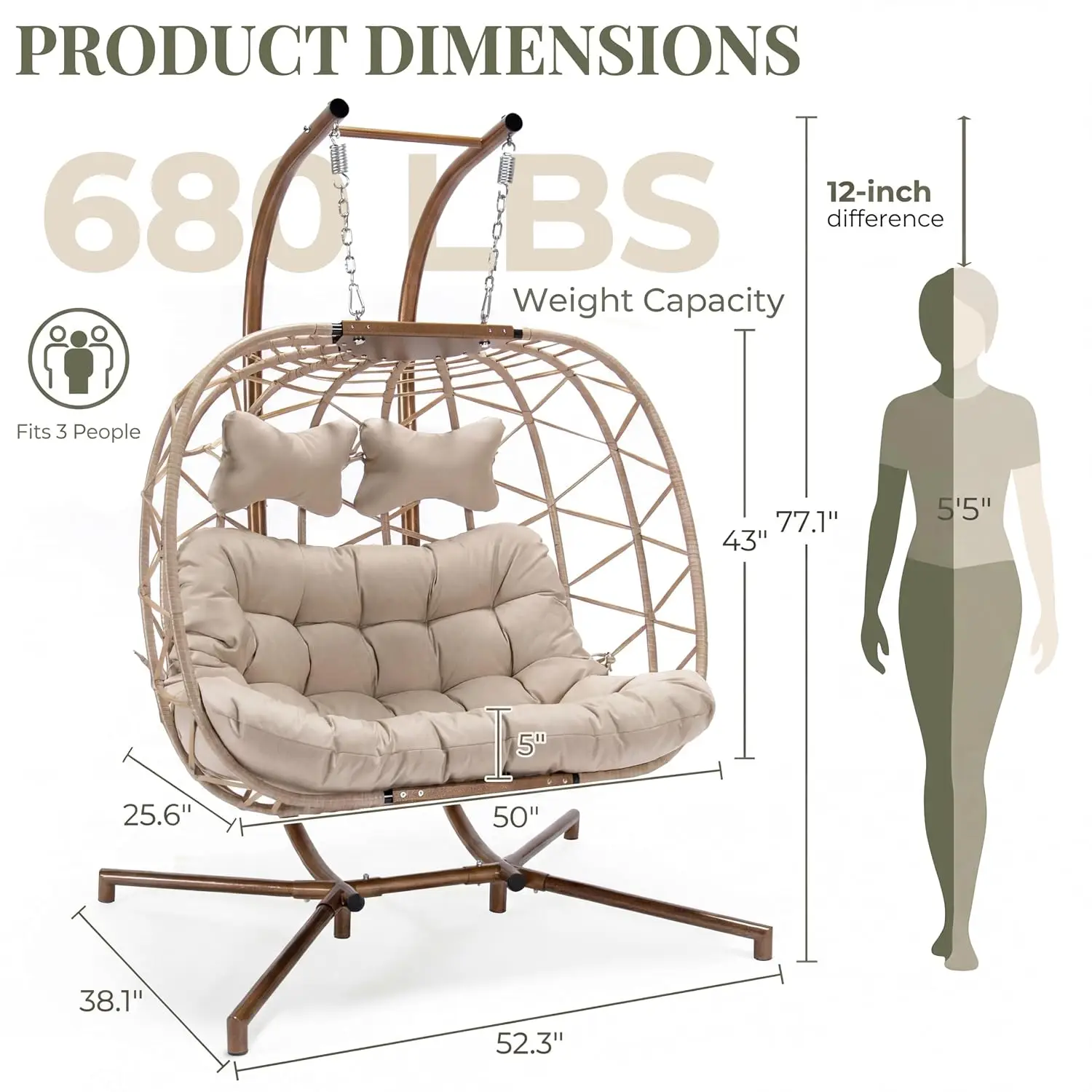 Double Egg Swing Chair with Stand,Foldable Wicker Loveseat with 5
