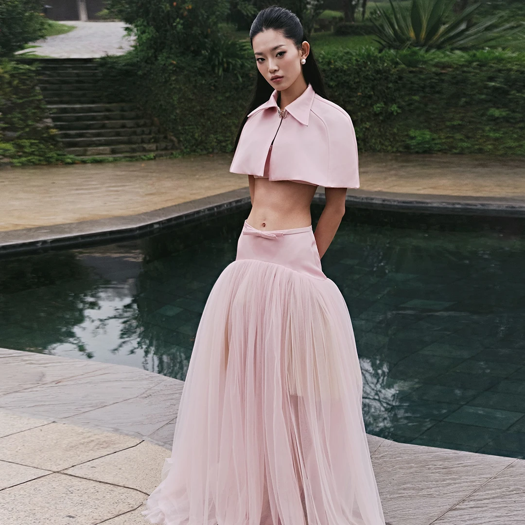 

Blush Pink Tulle Maxi Skirt with Front Bow High‑Waist Voluminous Sheer Layers Floor‑Length Romantic Tulle Party Skirts Custom