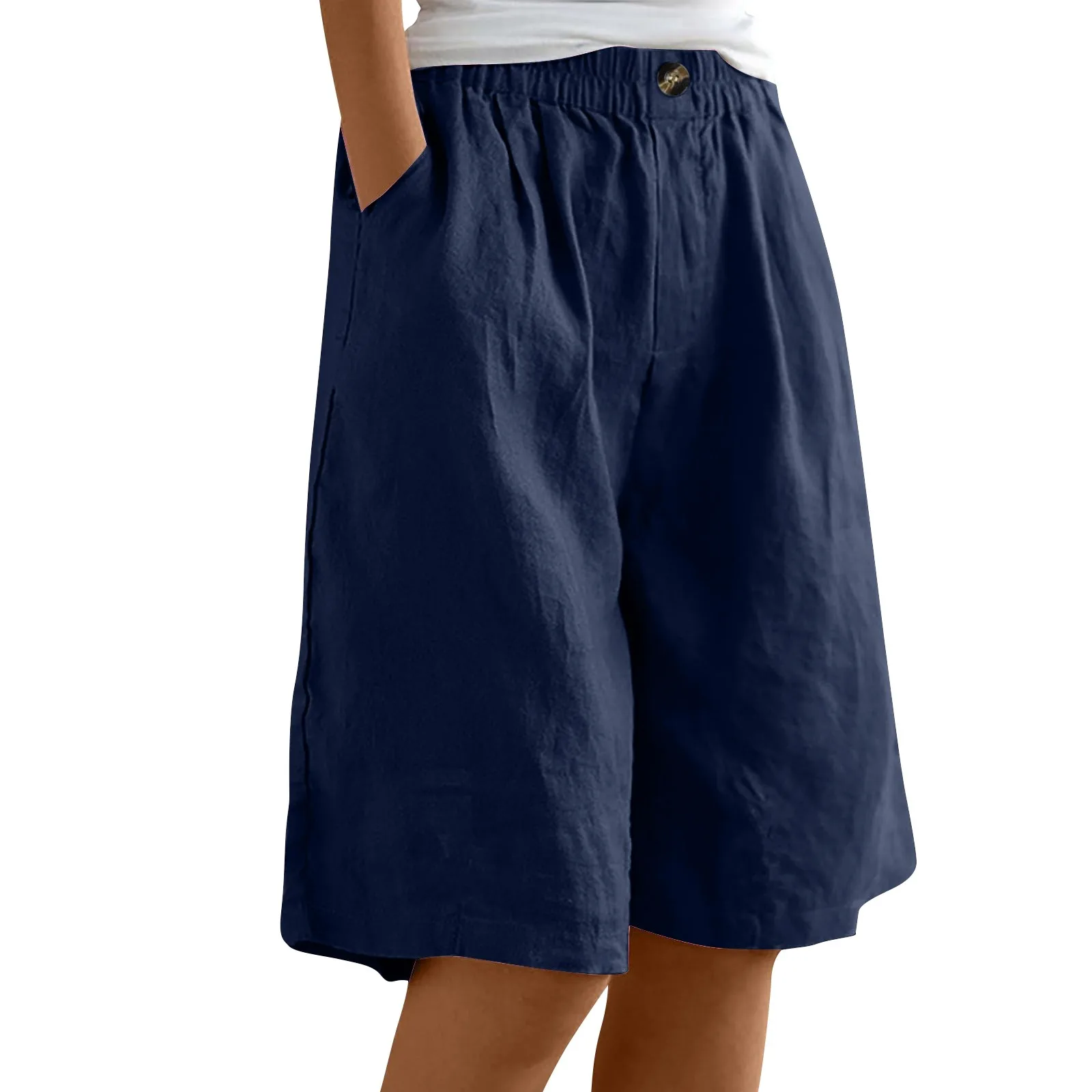 Dames Mode Effen Kleur Broek Zak Knoop Capris Losse Elastische Taille Katoenen Linnen Shorts