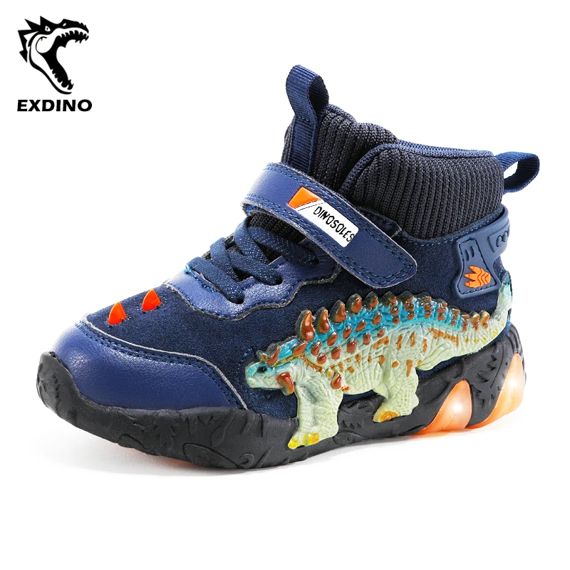 EXDINO LED Little Kids Dinosaur Light Up Spring Autumn Children's Boys Ankle Genuine Leather Shoes Ankylosaur Flashing Footwear