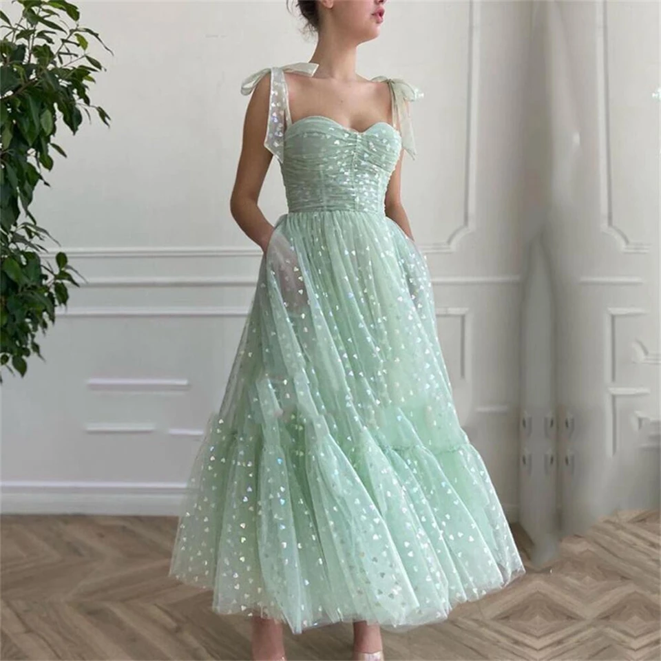 Charming Sweetheart Sequin Spaghetti Strap Prom Dresses 2023 A-Line Sleeveless Ankle-lengh Bow Zipper Custom Made Formal Gown