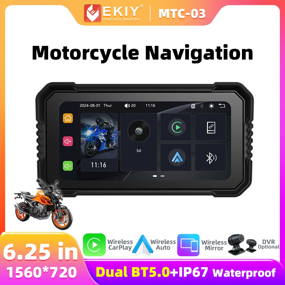 EKIY Motorcycle Navigation Wireless CarPlay Android Auto Screen Mirror Display Screen Portable Moto Monitor DVR Driving Recorder