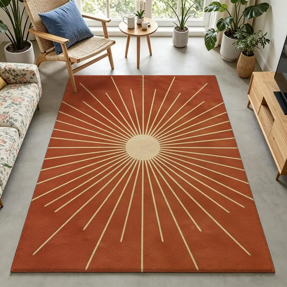 2D 1 piece soft, easy to care for, machine washable indoor rug, Mid Century Sunburst style, suitable for under dining table, living room, bedroom, entryway, hallway, home office, rural style home decor