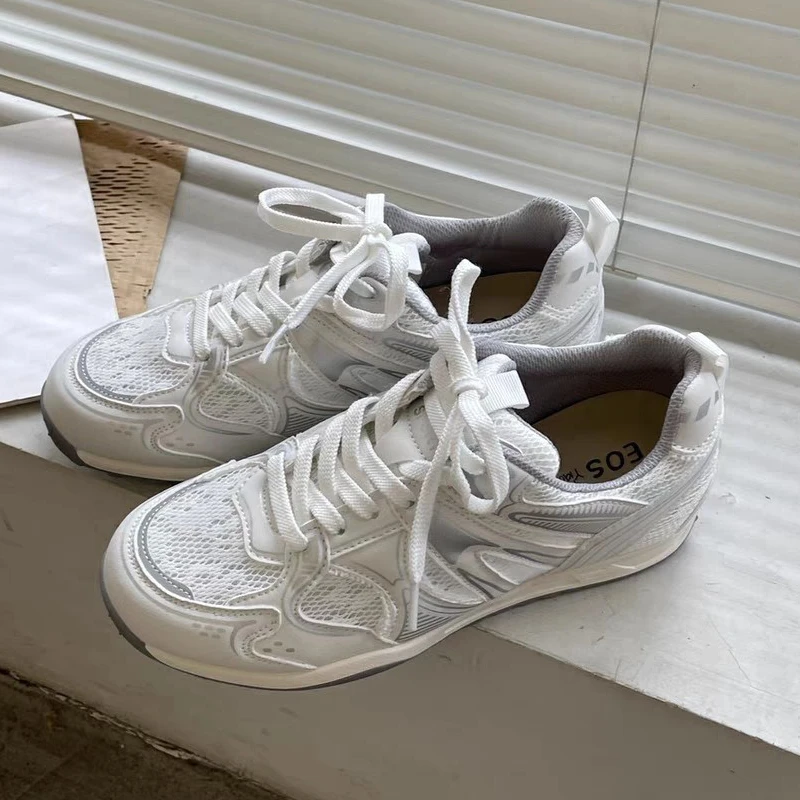 

2026 Spring/Summer New Style Patchwork Lace Mesh Breathable White Sneakers Casual Lace-Up High-Heeled Sneaker Shoes for Women