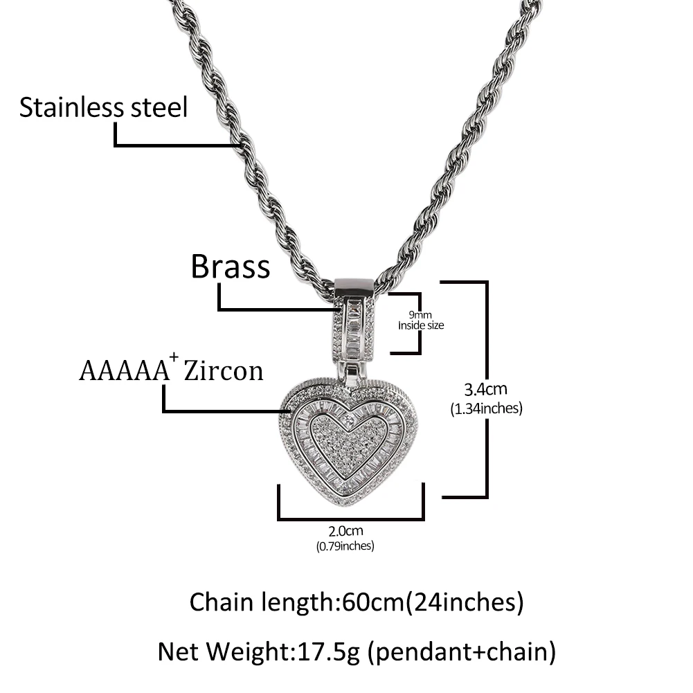 UWIN Iced Out Baguettecz Heart Pendant for Women Bling CZ Heart Shape Charms Fashion Jewelry for Gift