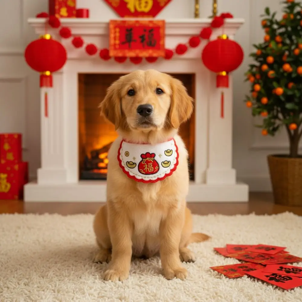 

Cartoon New Year Cat Scarf Embroidered 2026 Horse Year Dog Drool Bib Comfortable Funny Cat Drool Towel Photo Props