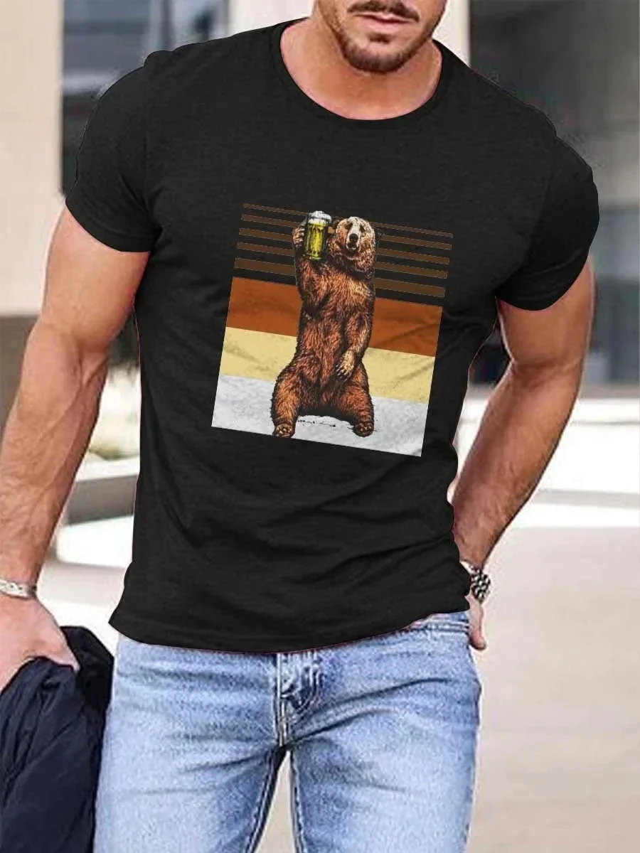 2023 Summer Men's Printed Casual Crew Neck Short Sleeve T-Shirt Beer Bear T-Shirt 3D Printed T Shirt