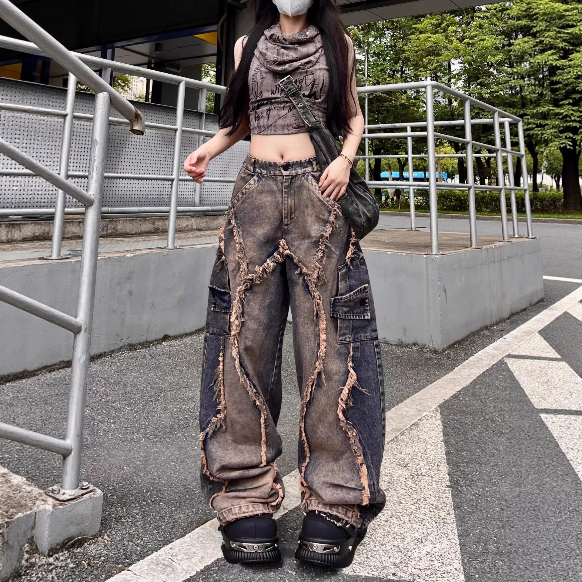 Vintage Fringed Jeans Wide Leg Pants Spliced Hip-hop Street Dance Trend