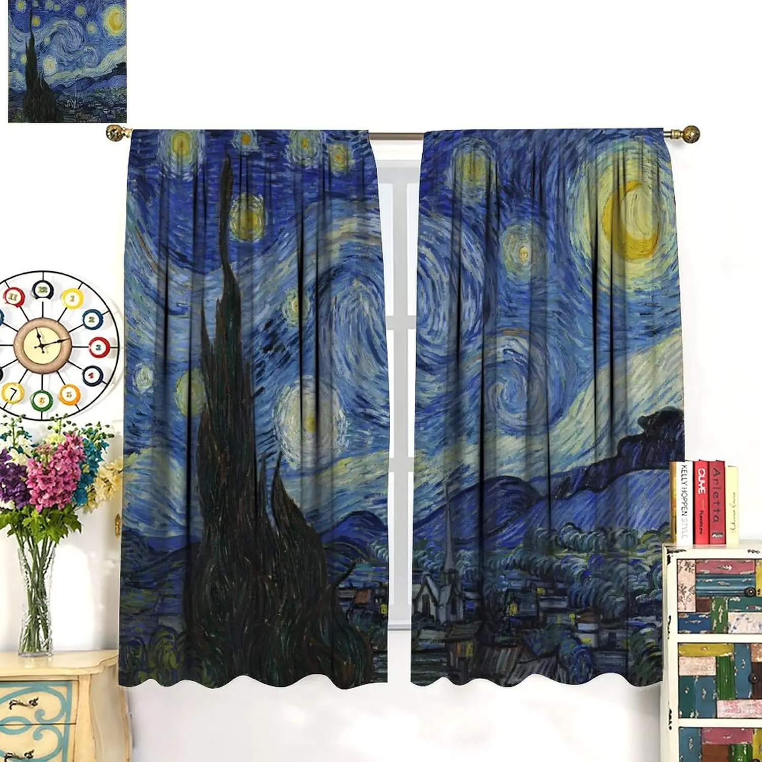 Starry Night Blackout Curtains for Bedroom, Oil Painting Blue Abstract Stars Art Decor Print Window Treatments, Rod Pocket