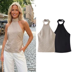 Willshela Women Fashion Khaki Backless Bandage Cropped Tops Vintage Halter Neck Sleeveless Female Chic Lady Tops