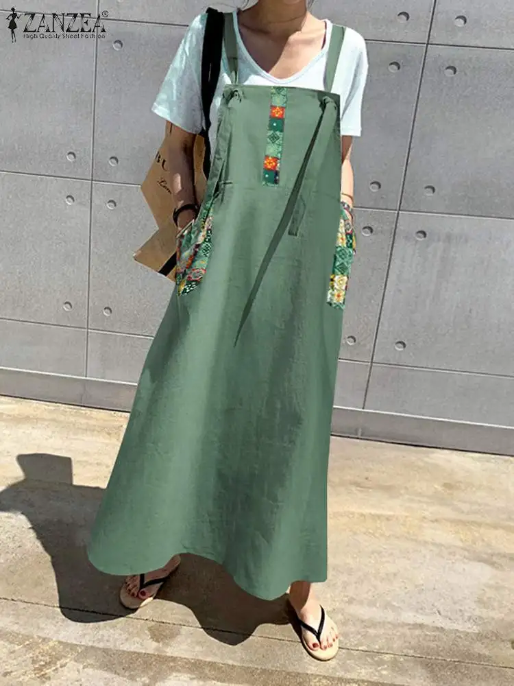 ZANZEA Women Straps Suspender Dress Fashion Korean Cotton Vestidos 2024 Summer All-match Maxi Robe Casual Loose Poket Dresses