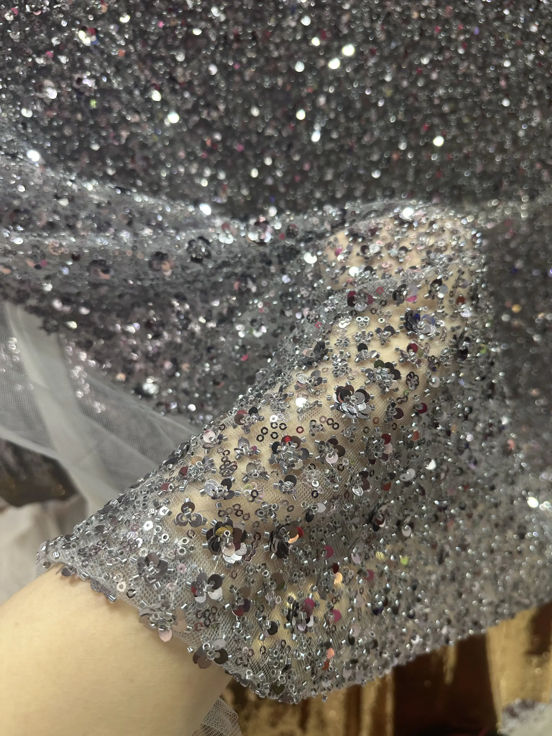 Gray Sequins Thorn Force Dress Draping Fabric for Wedding Pearl Embroidery Fabric