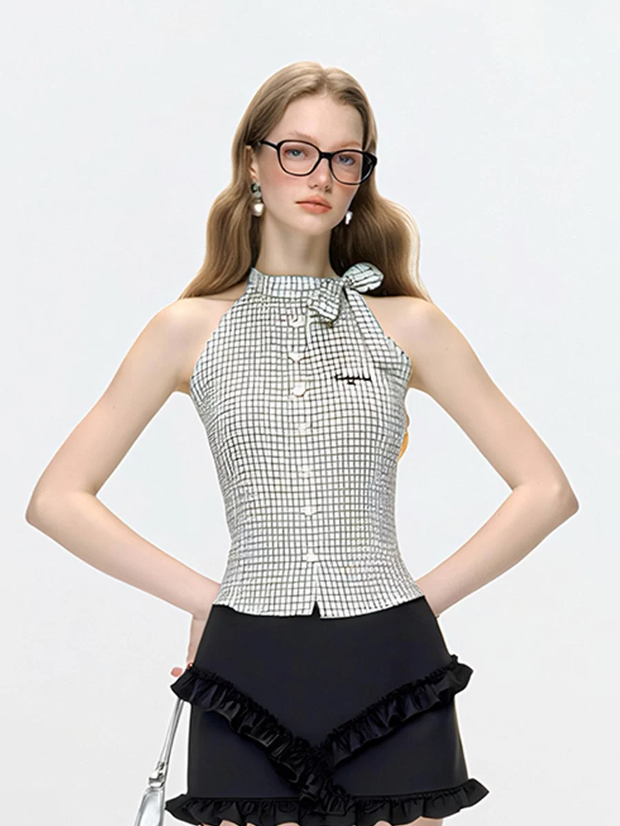 

AHMI Miu, новый летний женский укороченный топ с вышивкой в мелкую клетку и пуговицами, хлопок, полиэстер...