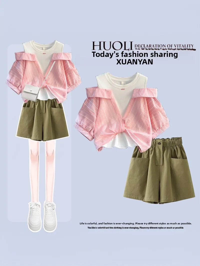 

Summer Trendy Two-Piece Set Casual Short Sleeve Shoulder Bared Fake Two-Piece Short Shirt And Shorts Ensemble for Teen Girls