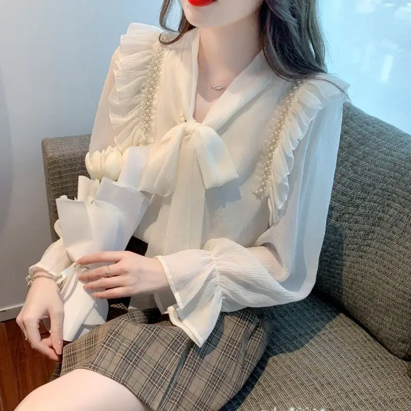 Spring New Women\'s Clothing Korean Fashion Bow Lace Up Elegant Shirt Office Commute Chiffon Blouse Solid Long Sleeve Loose Tops