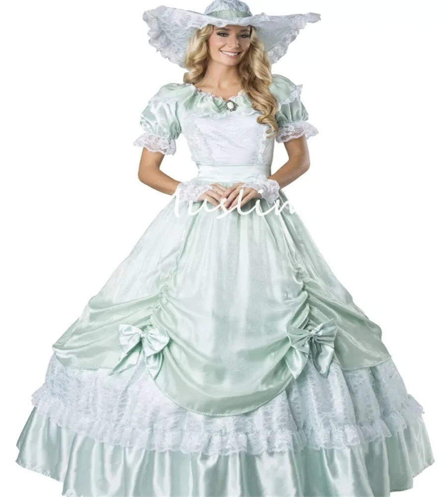 

French Duchess Mint Green Prom Dress Short Sleeves Lace Civil war Southern Belle Victoria Evening 1860s Renaissance Customized