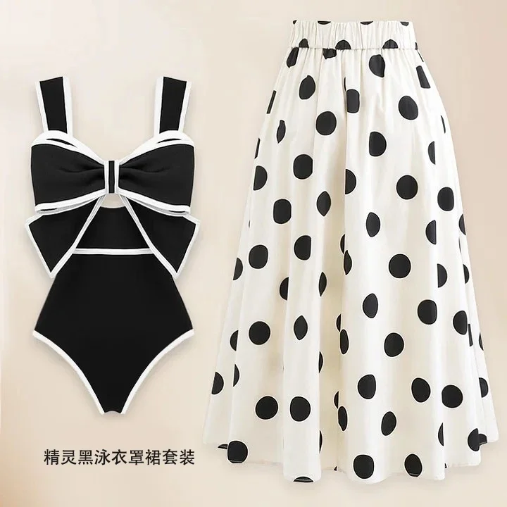 New polka dot bow swimsuit women's bra skirt set, high-end vacation style one-piece beach looks slim