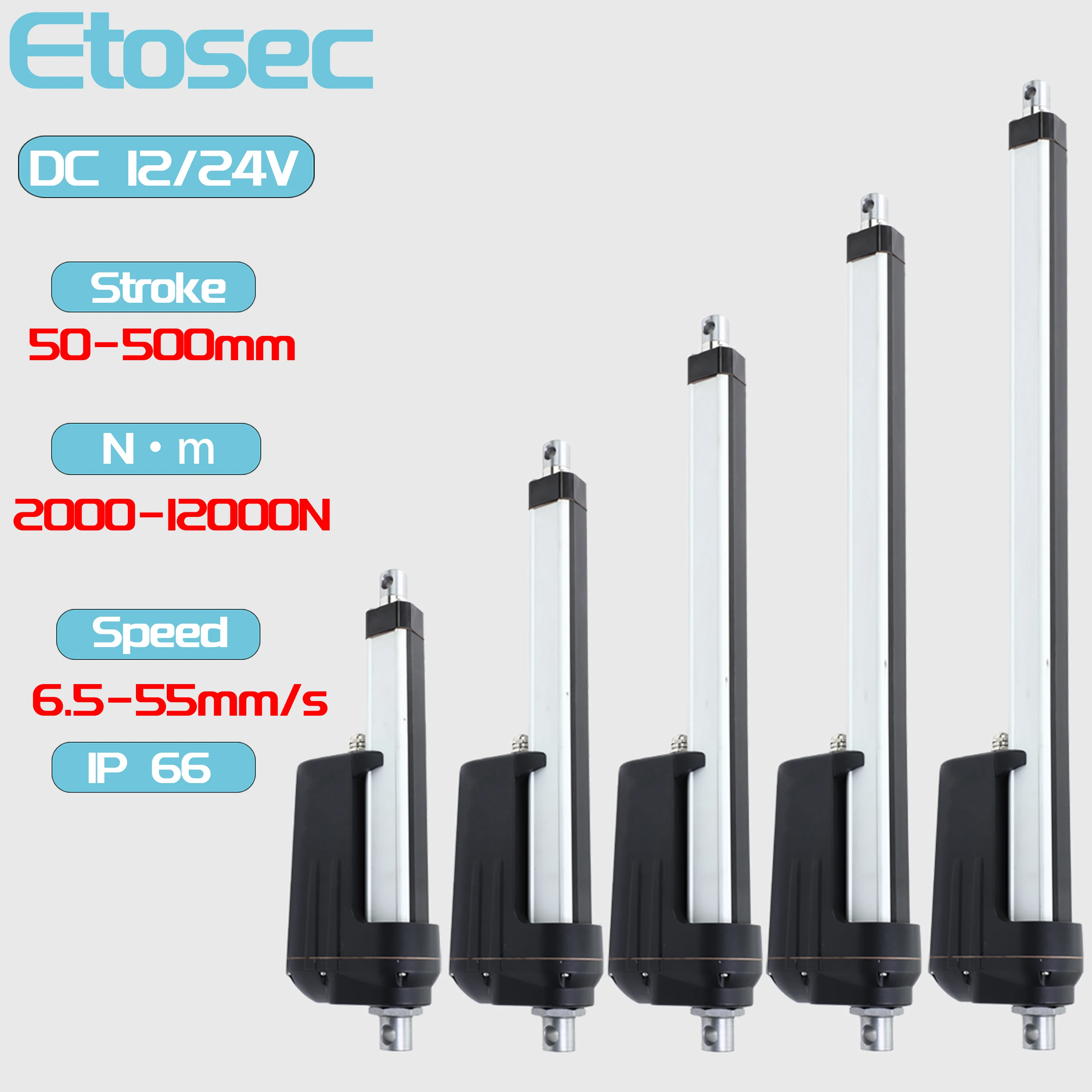 Etosec 12000N 12V 24V Attuatore lineare IP66 50mm 100mm 300mm 400mm 450mm 500mm Corsa Solar Tracker Motorizzazione della porta 55mm/s