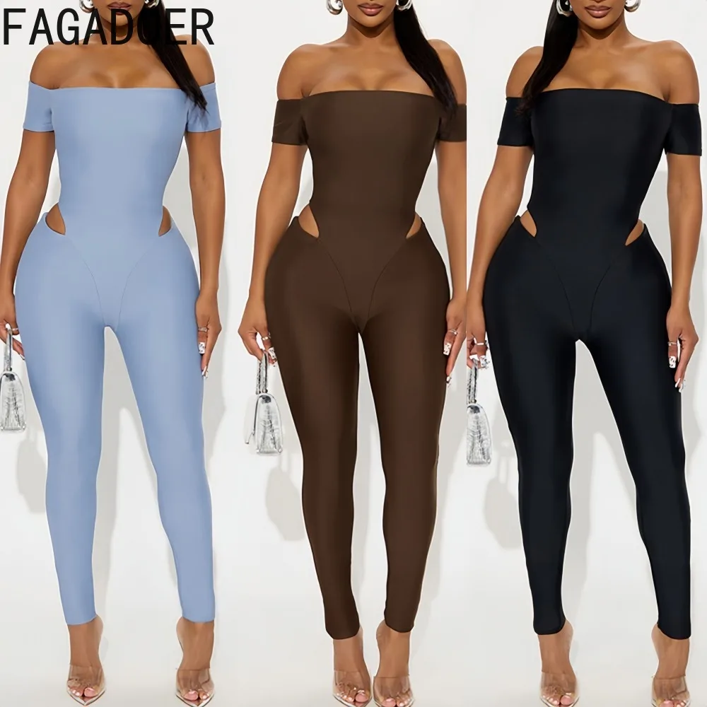 

FAGADOER Sexy Bodycon Jumpsuits Women Solid Color Off Showlder Backless Long Sleeves Rompers Female Streetwear Overalls 2025 New