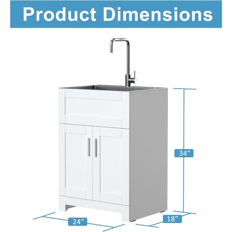 Armário utilitário de lavanderia branco de 24" com combinação de pia e torneira de aço inoxidável, cinza