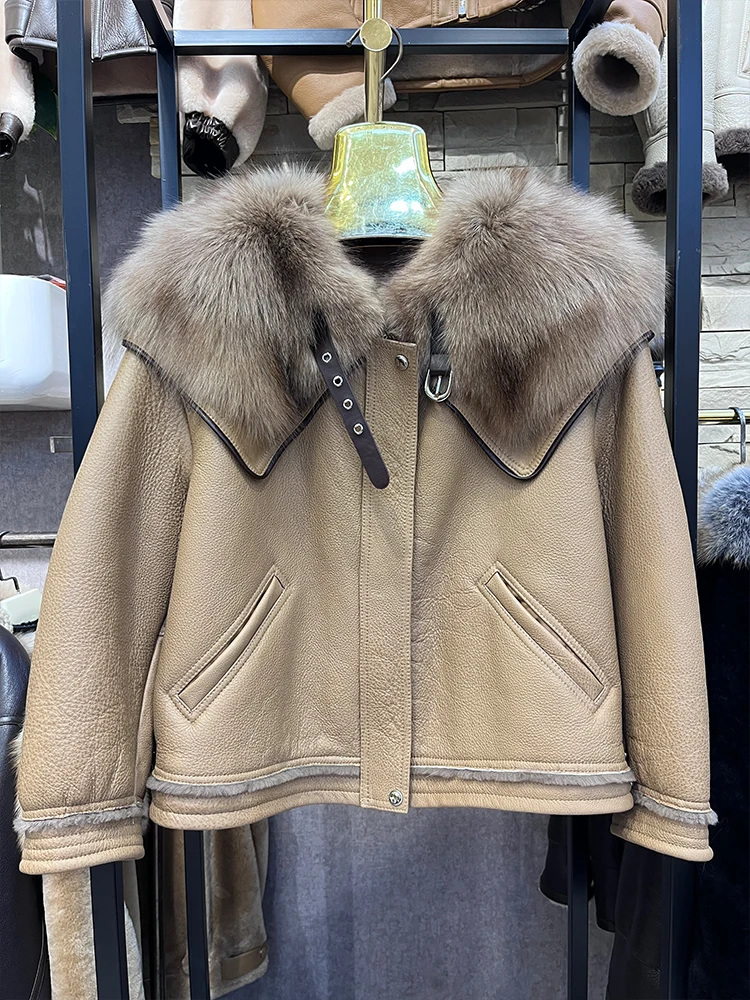 2023 New Fashion Winter Women vera pelliccia di volpe naturale Coollar Merino Sheep Fur Coat giacca di pelliccia Double face in vera pelle