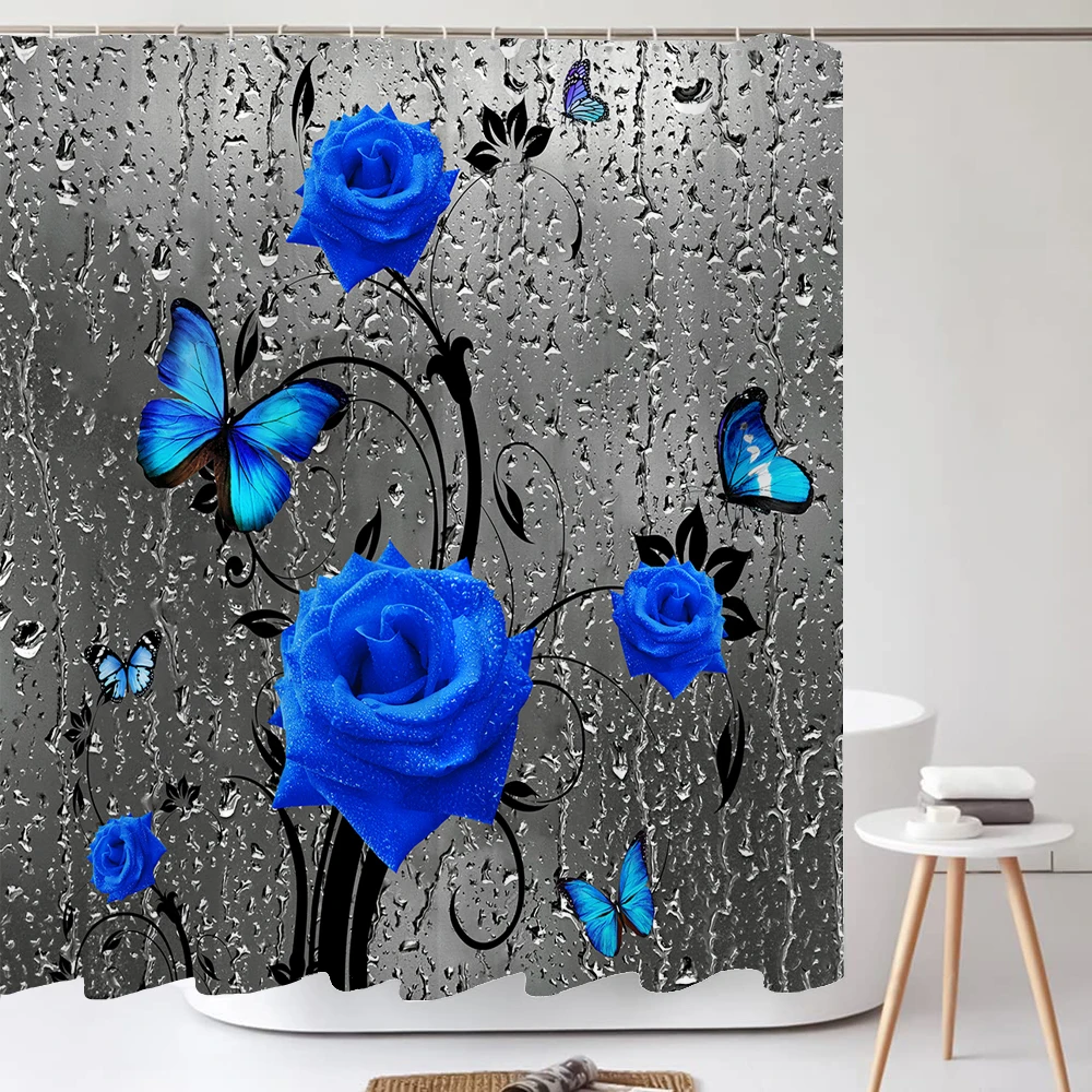 Blue Rose Plant with Floral Bathroom Decoration Shower Curtain 180*180CM with Hooks