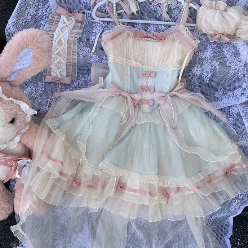 Vestido de princesa de hadas Kawaii japonés, vestidos de fiesta de cumpleaños con contraste de Color dulce, traje bonito de retazos con lazo de encaje Harajuku