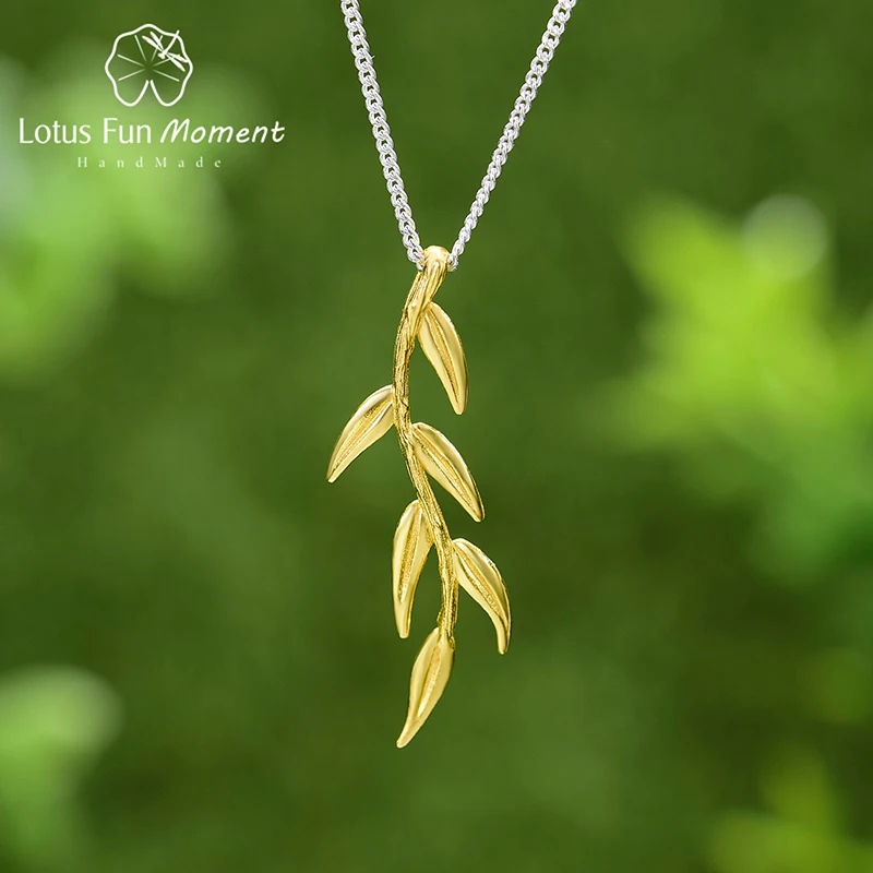 

Lotus Fun Moment Real 925 Sterling Silver Long Branch and Leaves Pendant Fine Jewelry Chains and Necklace for Women