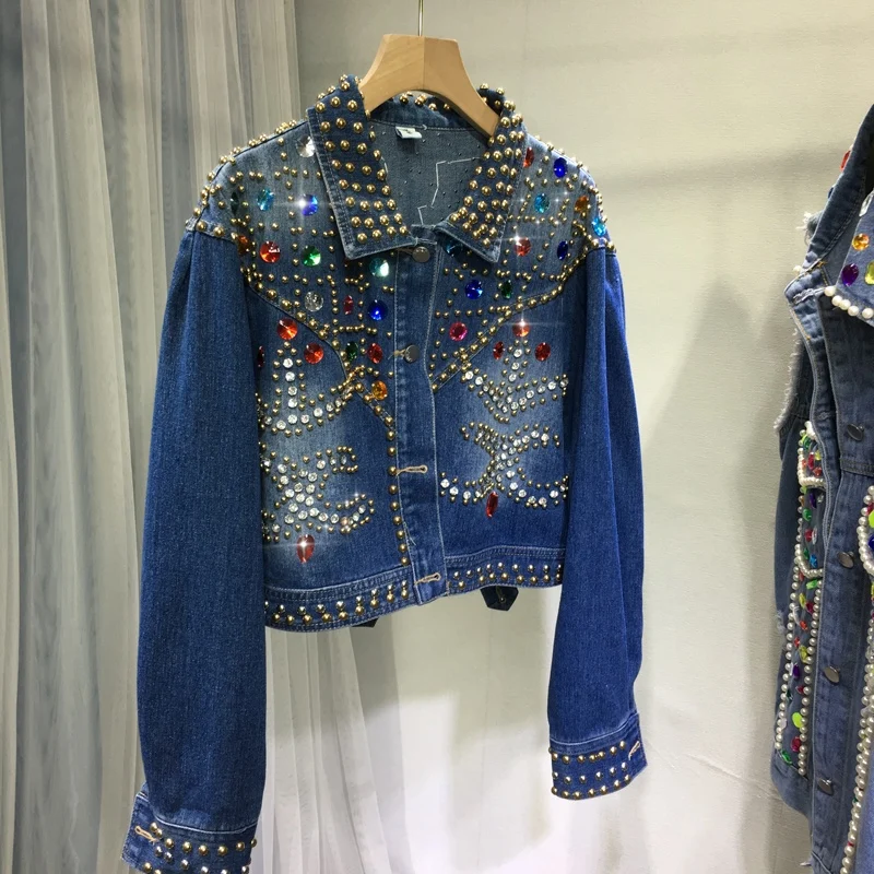 

High Quality Diamonds Beads Women Denim Jackets Handsome Short Cardigans Top All-match Autumn Full Sleeve Blue Jean Coat Street