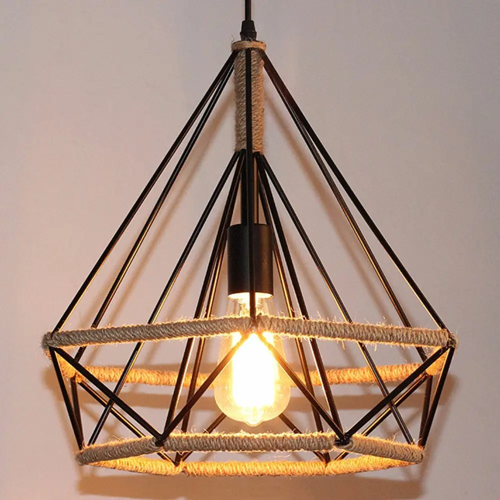 JOYINLED 25cm Iron Ceiling Light Pendant Lampwith Hemp Rope Ceiling Lamp E27 Living Room Cafe Restaurant Diamond Birdcage Shape