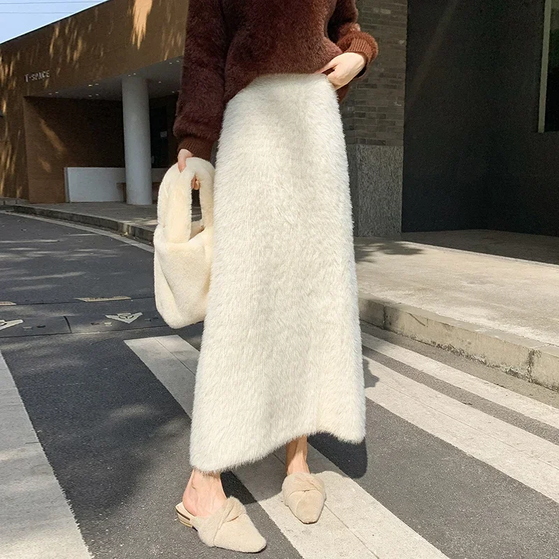 

Knitted Skirt Women 2023 Autumn Winter High Waisted Loose A-Line Skirts Fashion Solid Warm Vintage Elegant Ruffles Skirt