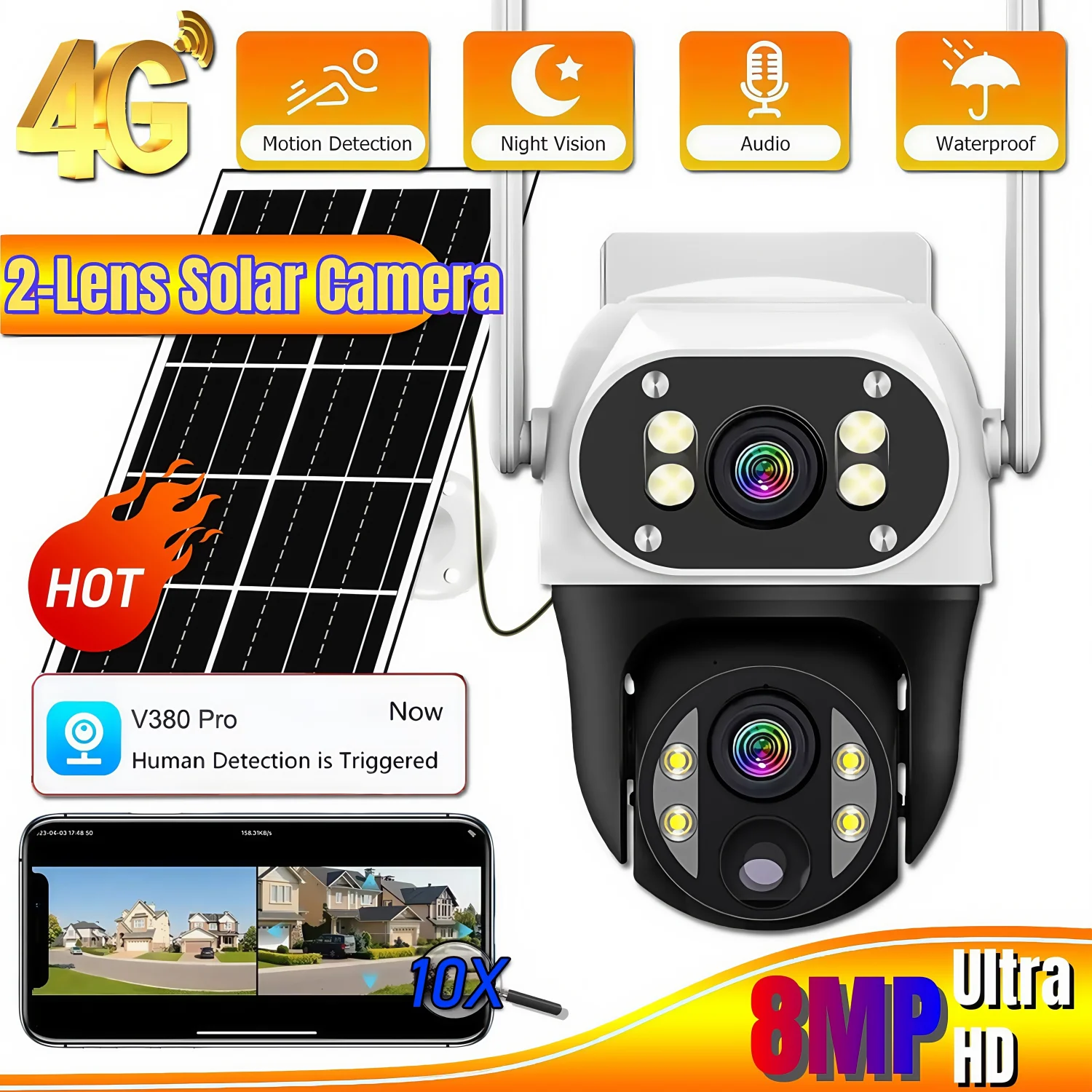 

8MP 4G Sim Card Solar Camera Dual Lens Dual Screen Wireless Outdoor Surveillance Human Detect Security Protection PTZ IP Cameras