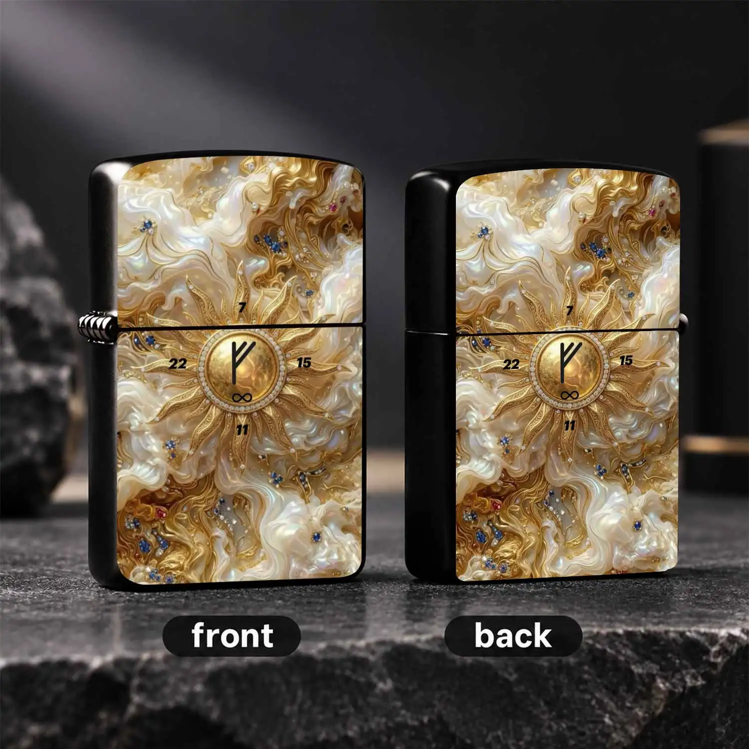 Luxury Lighter with Gilded Sun Rune Design, Iridescent Mother of Pearl Texture Inlaid with Tiny Shiny Stones, Exquisite Portable Decor for Daily Use Gathering and Gifting, Unique Mystical Symbol  A Humorous And Interesting Lighter