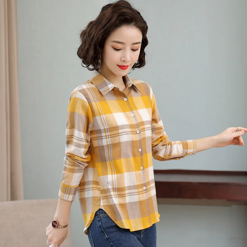 New Female Spring And Autumn Checkered Korean Loose Shirt Women\'S Long Sleeved Pure Cotton Fashion Casual Lapel Versatile Top