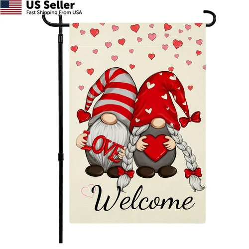 Valentines Day Garden Flag Double Sided, Love Gnomes 12 x 18 inches, Red YYZ