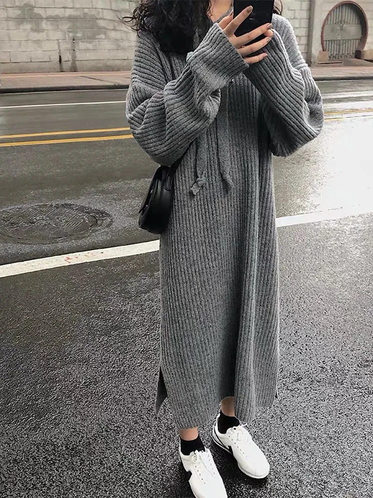 

plus Size Lazy Sle Hooded Knitted Dr Women's Autumn Winter Loose Slimming Long Knee-Length Dr for Plump Women Sweater...