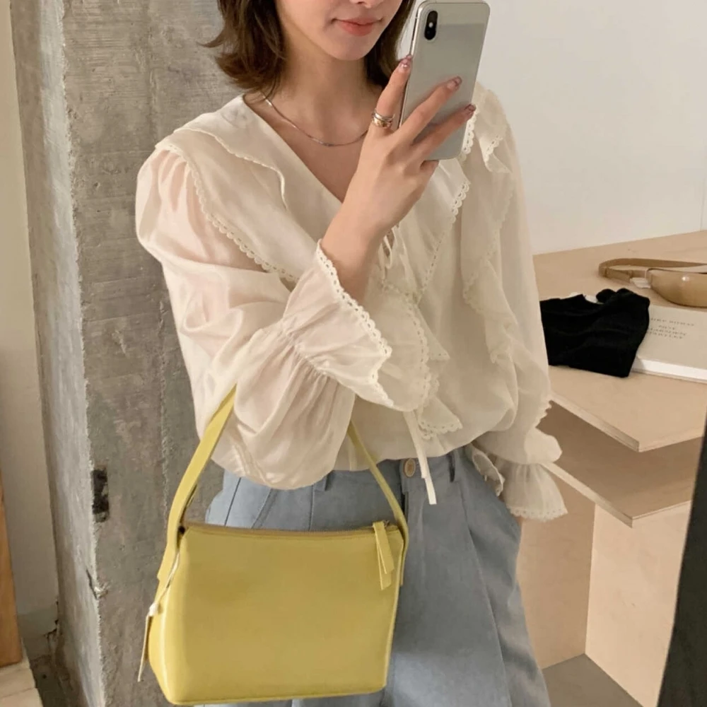 แฟชั่นหวาน Tencel เสื้อผู้หญิงเกาหลีฤดูใบไม้ผลิฤดูร้อน Ruffled เสื้อ V คอยาวแขนยาว Beige เสื้อ