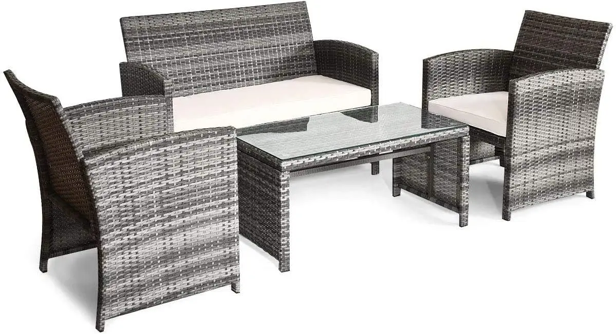 

4 Pc Rattan Patio Furniture Garden Lawn Sofa Cushioned Seat Mix Gray Wicker Conversation Sets, 1, Grey