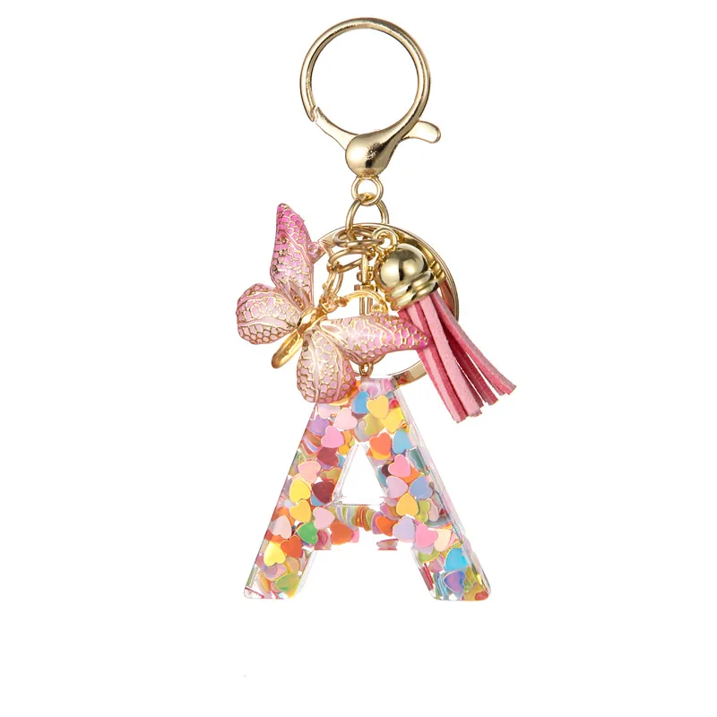 

Wholesale Pink Glitter Resin 26 Letter Keychain Butterfly Tassel Handbag Accessories Girl Friend Jewelry Gift
