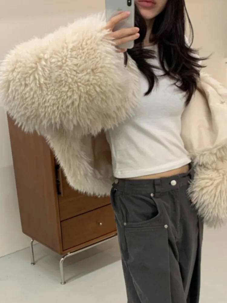 Ele ort Pure Color Fur Jaet Damski Luźny Rozpinany Kardigan Zimowy Płaszcz Koreańska Moda Miękki Materiał