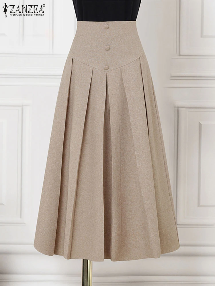 Elegante plissado maxi saias de cintura alta saias de escritório feminino casual solto zíper botões overskirts a linha inferior senhora zanzea 2025