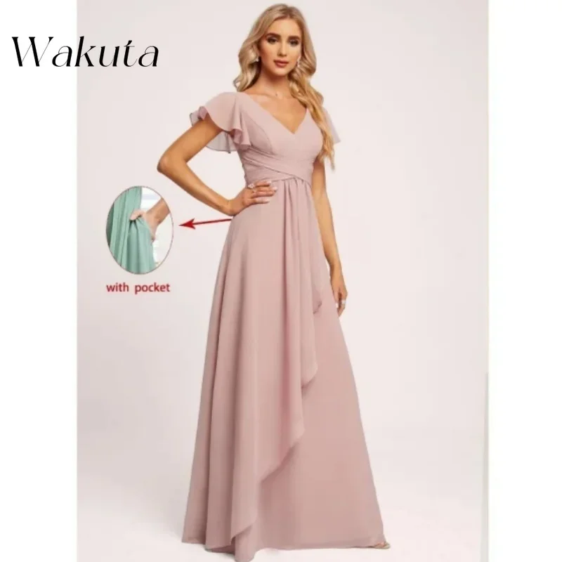 Wakuta Elegant V-neck Cap Sleeve Bridesmaid Robes Fashion Chiffon High Waist Ball Formal Evening Dresses  فستان سهرة with Pocket