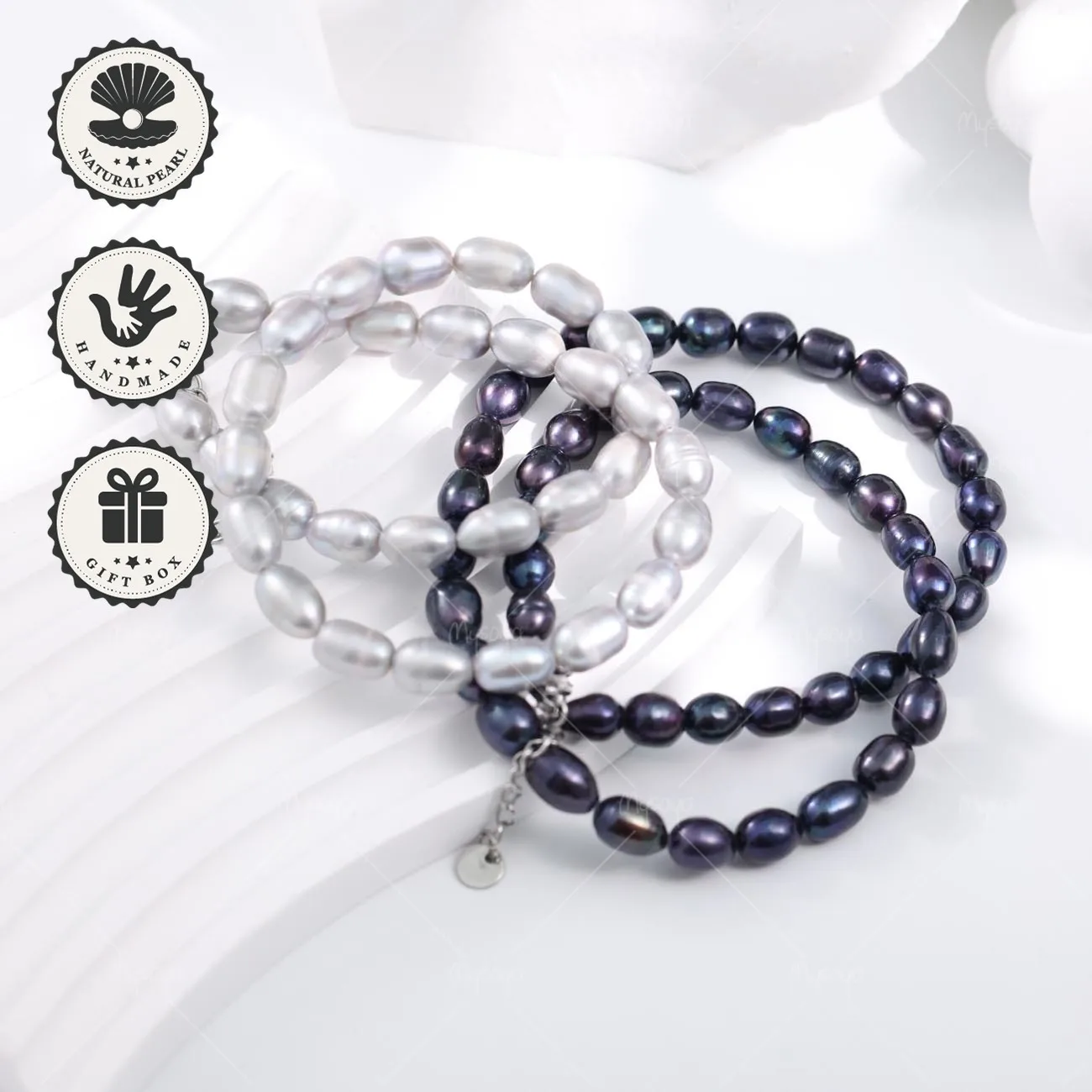 

Mysoya Black Gray Rice Freshwater Pearl Necklace 6–7mm Silvery Extension Chain With Gift Box Valentine’s Day Birthday Gift