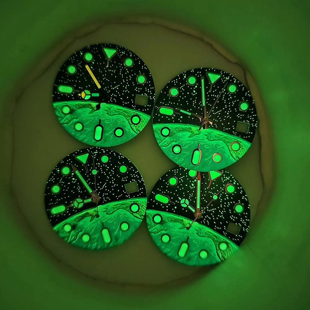 قرص NH35 28.5 ملم، وجوه ساعة بنمط السماء المرصعة بالنجوم الأرضية الخضراء المضيئة + عقارب الساعة، لساعة الحركة NH35 NH36 4R 7S