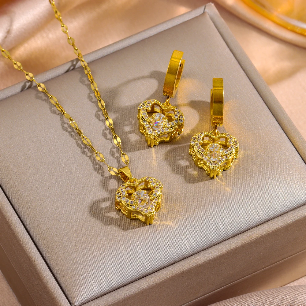 Süße, sexy Herz-Halskette und Ohrringe im Ozean-Herz-Design für Damen, luxuriöses 18K vergoldetes Edelstahl-Schmuckset