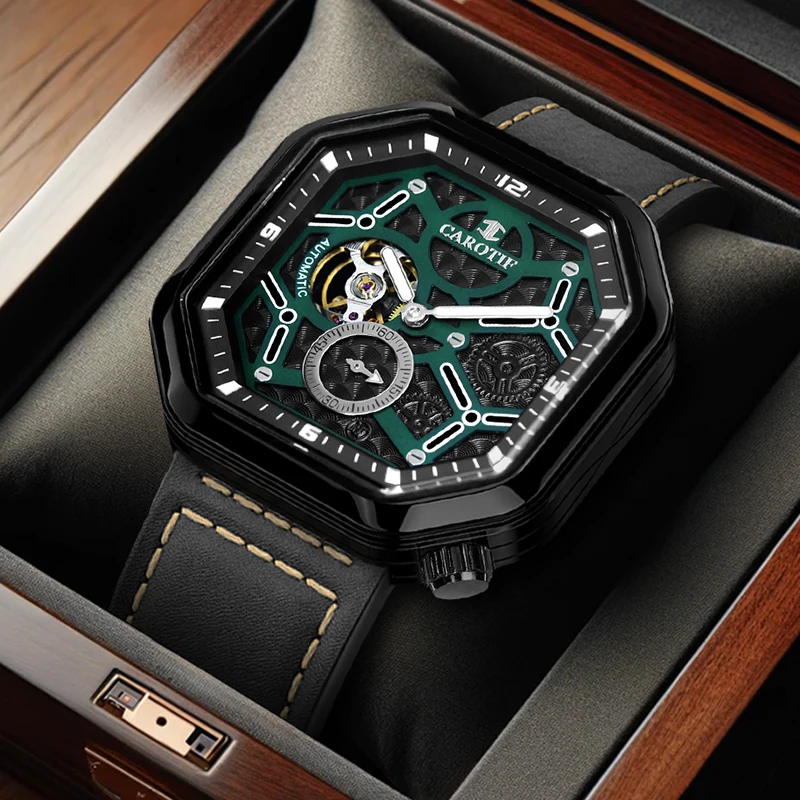 

Мужские модные и крутые повседневные шестигранные черные механические часы из искусственной кожи с черным корпусом